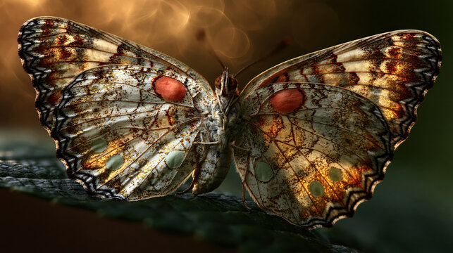 exquisite multicolored butterfly on green leaf macro portrait