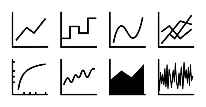 8 Chart Icons for Data Analysis and Statistics, Outline and Solid Styles, for Business Reports
