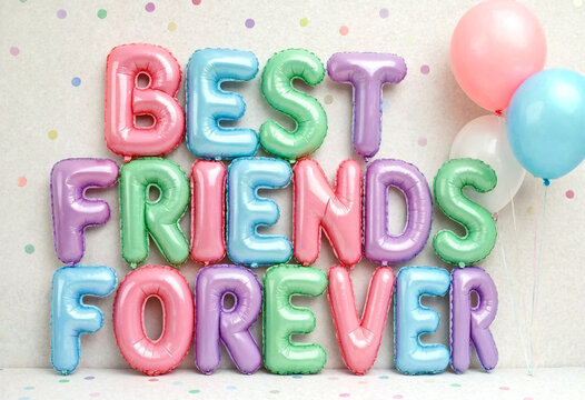 Colorful best friends forever foil balloons with pastel balloons for celebration and friendship party decoration