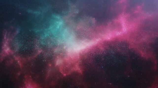 Colorful vibrant pink and teal nebula gas or cosmic clouds Looping with thousands of shimmering stars in deep space for astronomy concept