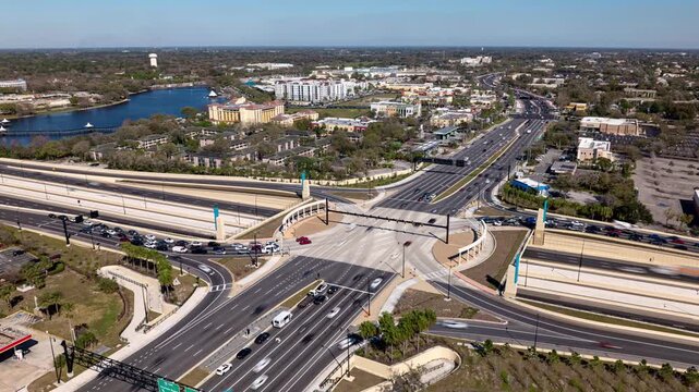 Aerial timelapse video of the Interstate 4 and State Road 436 interchange in Altamonte Springs, Florida. USA. North of Orlando, FL.  February 21, 2024. 
