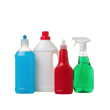 Collection of colorful plastic cleaning bottles including blue bleach, white detergent, red disinfectant, and green sprayers on a reflective surface, clean atmosphere