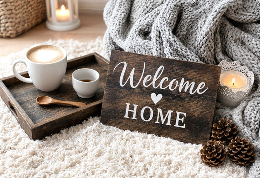 Cozy home welcome setup with coffee tray knit blanket and candle on rug for warmth