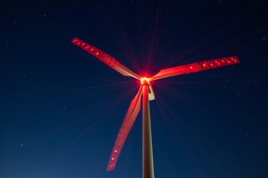 Night long exposure of spinning wind turbine with red lights against deep blue starry sky for renewable energy concept