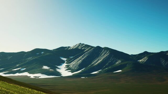 Mountains stretch across the landscape with green hills in the foreground. Snow patches appear on the peaks. A bright blue sky adds to the setting in spring.