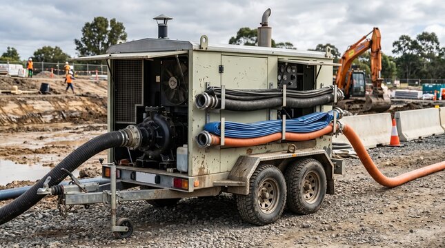 Medium shot of an enginedriven dewatering pump trailer featuring a compact enclosed design with mounted hose racks and heavyduty pumping equipment.