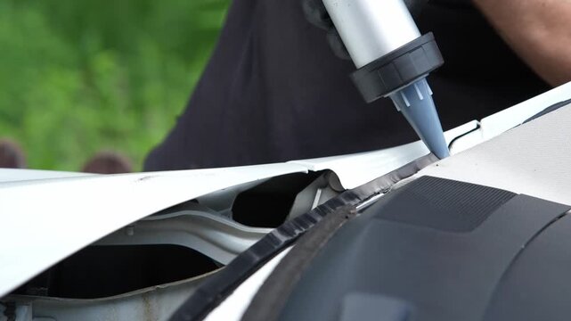 Mechanic using a sealant gun to apply black adhesive onto the metal frame for windshield bonding 4k video. Close-up of windshield adhesive application on car frame