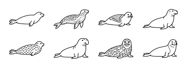 Seal icon set various animals outline, solid and color styles, white background © pixpond