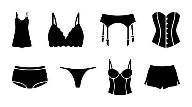Lingerie icon set underwear, bra, corset, garter outline, solid styles