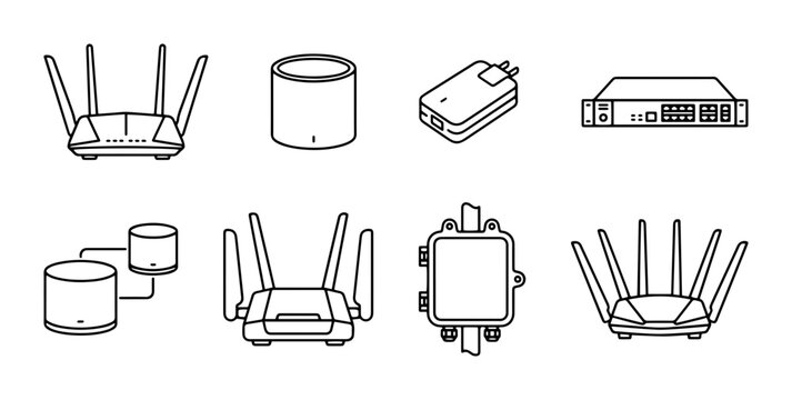 Network hardware icon set routers, switches, and modems outline, solid and color styles