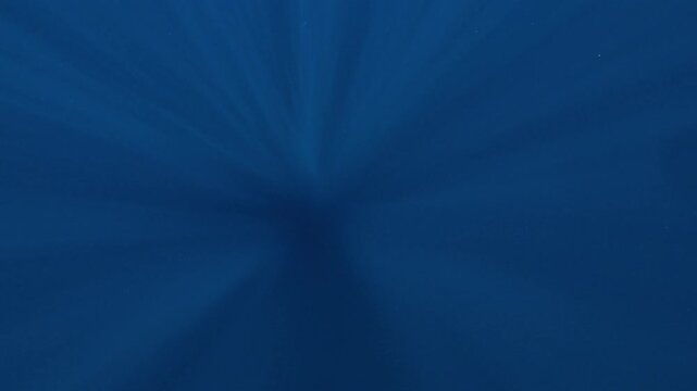 Upward underwater view toward the ocean surface with converging sun rays illuminating the deep blue tropical water.