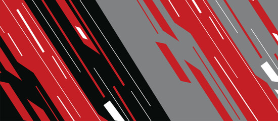 Abstract sports racing background with red and black geometric shapes. Dynamic diagonal speed stripes layout on grey for vehicle livery wrap, e-sports gaming, and automotive banner design. © Vctor Studio photos