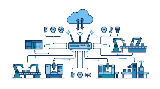 Industrial automation, smart factory, IoT network, blue industrial icons Back to School
