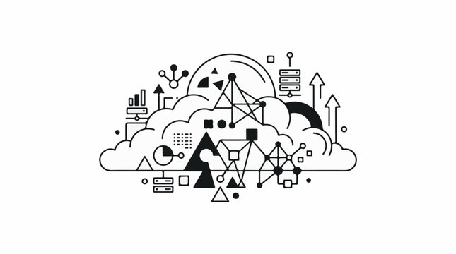 Abstract cloud computing network with geometric shapes and data elements