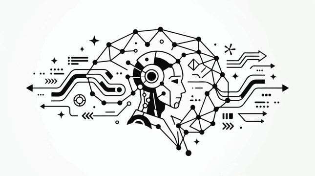 Abstract digital brain network with flowing data streams and robotic head