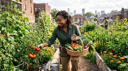 Fototapeta premium Woman happily harvesting fresh organic vegetables from a community garden in an urban setting