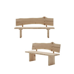 Fototapeta premium Two rustic garden benches made of weathered light timber with live-edge backrests isolated on a white background in a sophisticated artisanal furniture setting