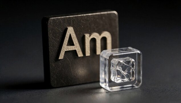Black square-shaped block letter written gold capital letters next there small clear cube criss-cross pattern