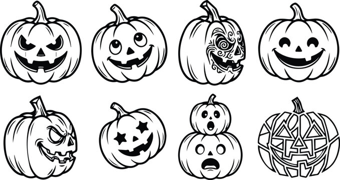 spooky halloween silhouette elements and jack o lantern Pumpkin. halloween silhouette style icons. monochrome icons