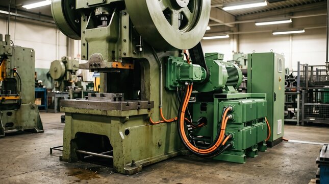 Medium shot of a press line outfitted with a regenerative braking system highlighting energy efficiency improvements in heavy industrial machinery operation.