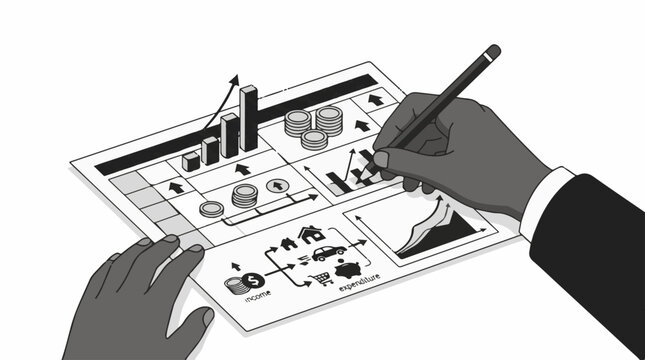 Hands drawing financial income and expenditure charts money flow