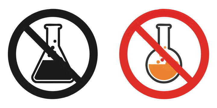 Prohibited chemical reaction sign with flask symbols and red strike through on transparent backdrop.