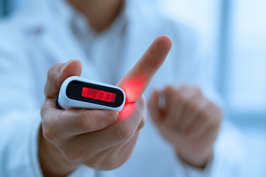 Close-up of a persons finger with a pulse oximeter attached, displaying red numbers.