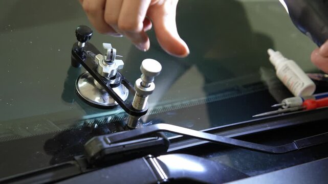 Auto glass repair 4K footage creating pressure for resin injection. Adjusting the injector mechanism on a suction cup bridge to ensure full resin penetration into damaged glass
