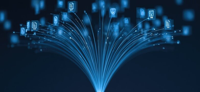 Abstract glowing blue fiber optics with digital icons symbolizing data transfer and connectivity.
