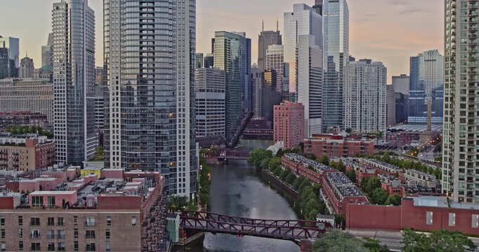 Chicago Illinois Aerial v11 dramatic low level drone footage along the Chicago River system at dawn - Shot with Inspire 2, X7 camera - August 2020