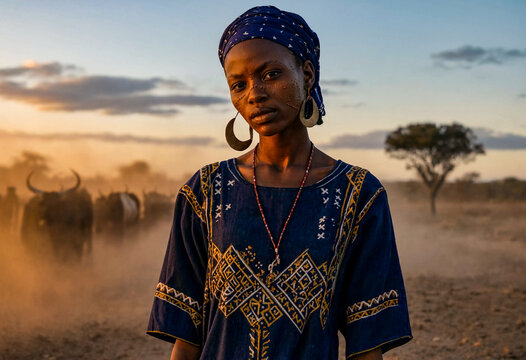 Wodaabe Woman in Indigo Embroidered Tunic at Sahel Twilight