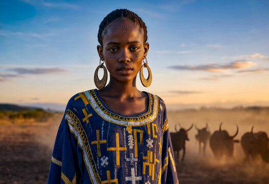 Wodaabe Woman in Indigo Embroidered Tunic at Sahel Twilight
