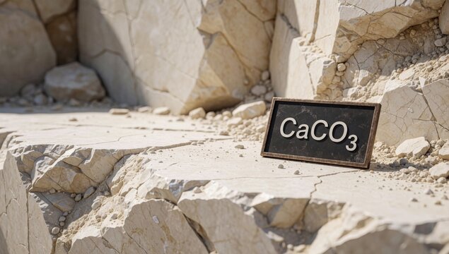 Small black rectangular sign word caco3 written white capital letters placed rocky surface pebbles scattered b