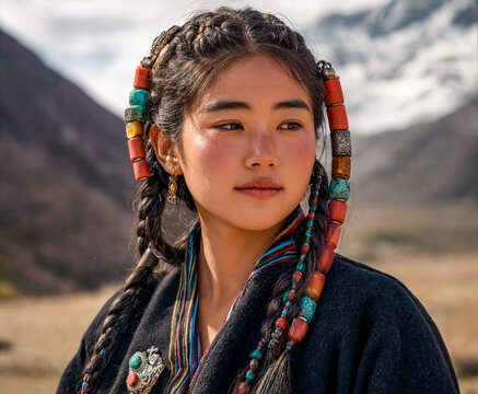 Tibetan Woman Portrait with Raw Turquoise and Coral Hair Ornaments