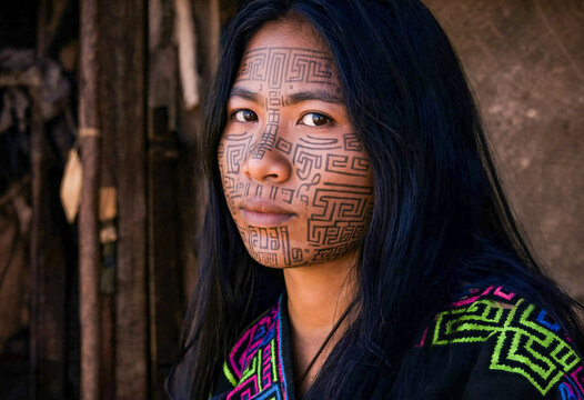 Shipibo Woman Portrait with Geometric Kene Face Paint Amazon
