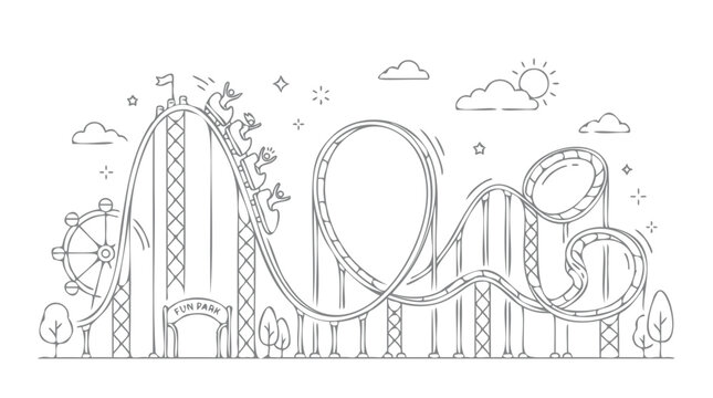 Linear outline illustration of a fun amusement park featuring a large roller coaster loop and a Ferris wheel for leisure