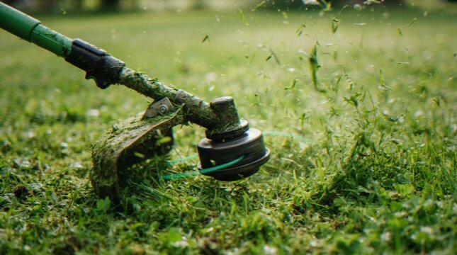 A close-up view of a string trimmer cutting through grass on a lawn with grass clippings flying in the air.