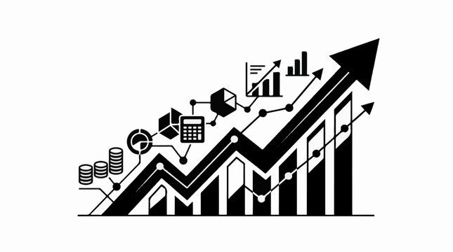 Financial growth illustration with charts calculator and coins