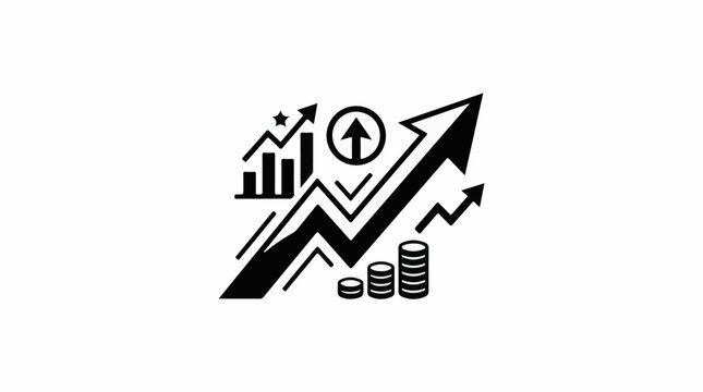 Black graphic of upward trending charts arrows and coins on white background