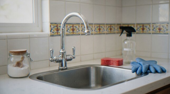 A close-up view of a clean kitchen sink featuring a chrome faucet, cleaning spray, a sponge, a jar of powder, and blue rubber gloves on a white countertop.