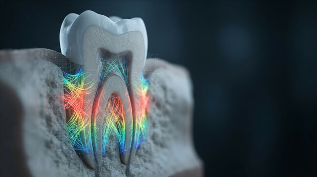Tooth anatomy visualization with digital network overlay and nerve flow