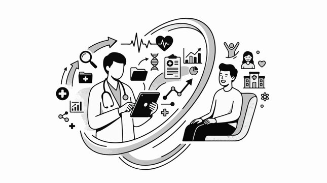 Doctor consults patient with digital tablet surrounded by health icons