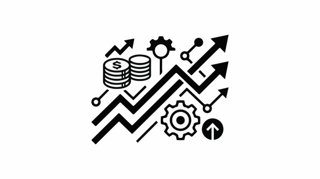 Abstract illustration of financial growth coins gears and upward trending arrows