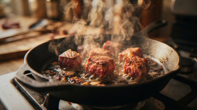 Succulent cubes of beef browning and searing in a hot cast iron skillet with rising steam, showcasing the cooking process in a rustic kitchen setting.