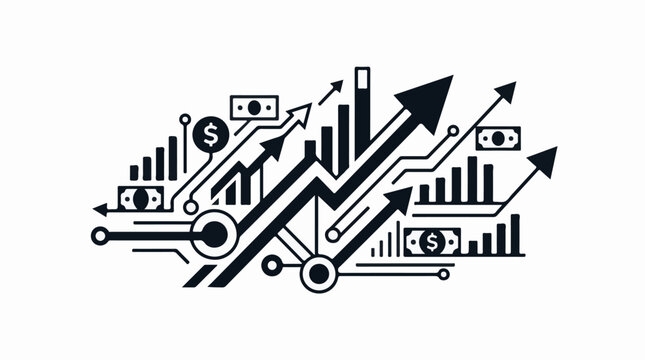 Abstract representation of financial growth with ascending arrows bars and currency symbols