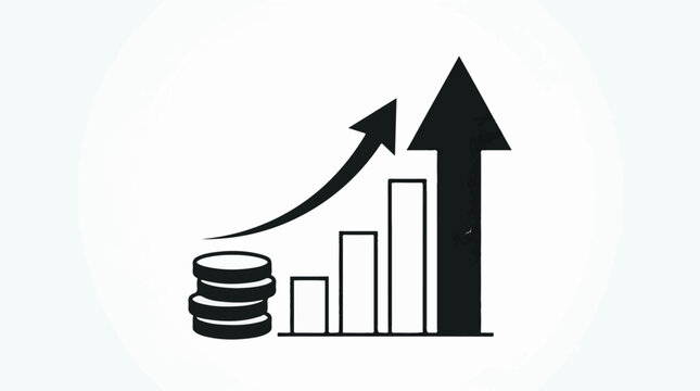 Black arrow indicates upward trend over stacked coins and bar chart