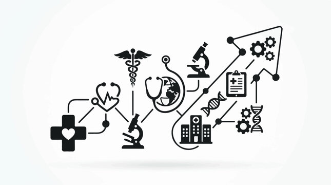 Medical research icons connected by network lines and dots