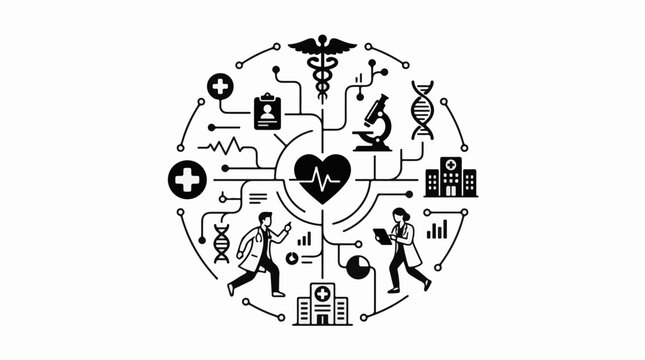 Medical icons in a circular network with heartbeat DNA and doctors