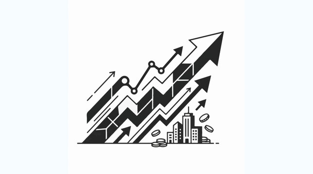Upward trend arrows over city skyline with falling coins
