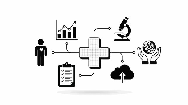 Digital health icons connect around a central plus sign symbol